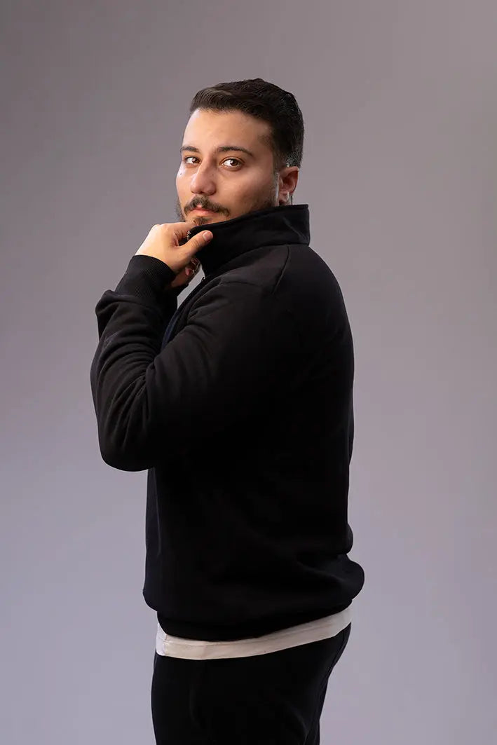 Nine Store half-zip sweatshirt in premium cotton blend, front view