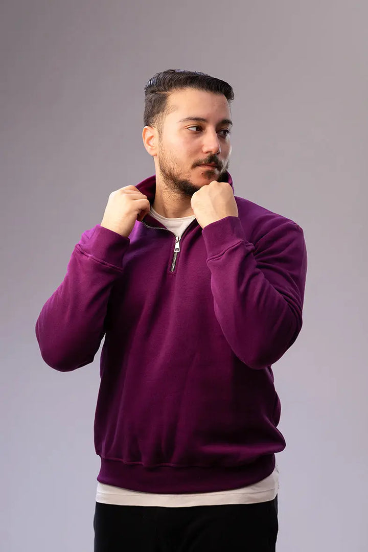 Nine Store half-zip sweatshirt in premium cotton blend, front view