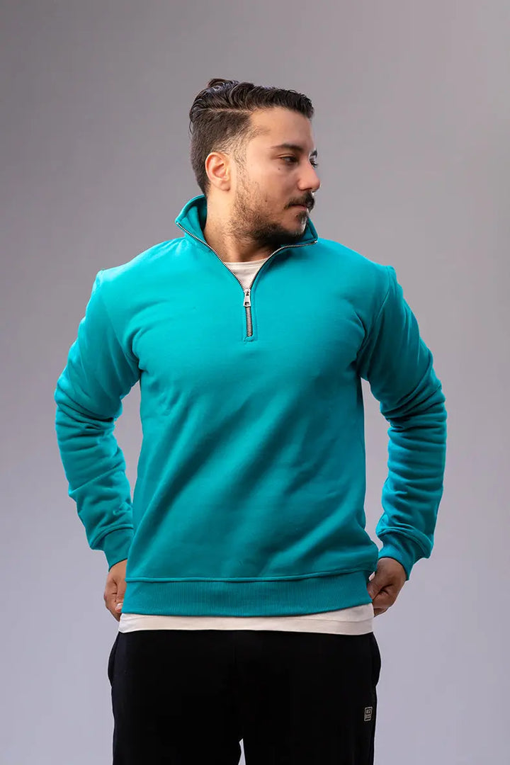 Nine Store half-zip sweatshirt in premium cotton blend, front view