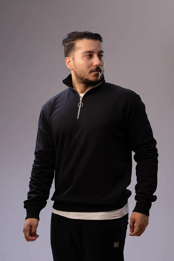 Nine Store half-zip sweatshirt in premium cotton blend, front view