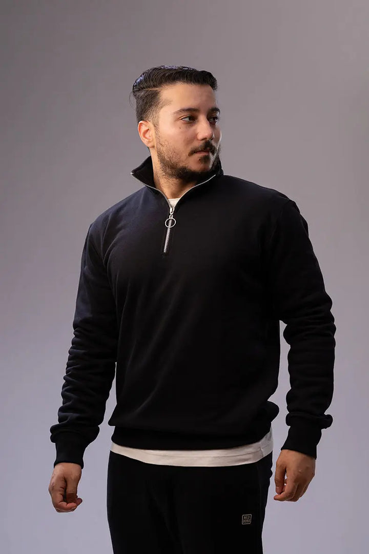Nine Store half-zip sweatshirt in premium cotton blend, front view
