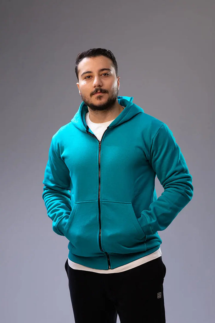 Nine Store zip-up hoodie in premium cotton, front view