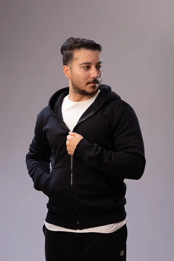 Nine Store zip-up hoodie in premium cotton, front view
